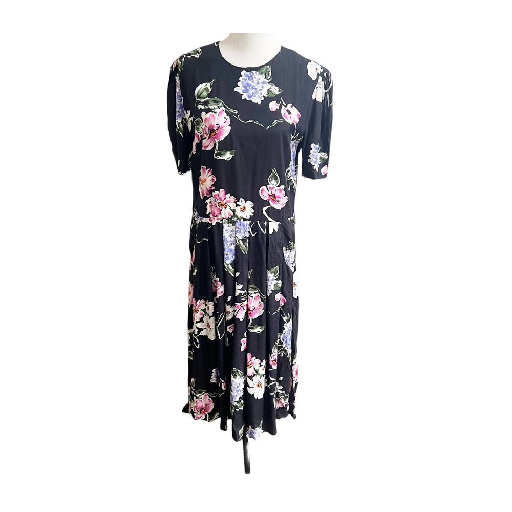 Vintage All That Jazz Maxi Dress 7/8 Black Floral Pleated Short Sleeve Cottage
